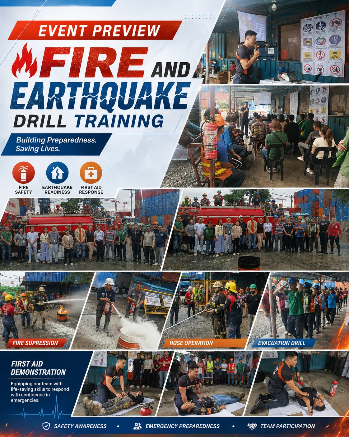 Fire and Earthquake Drill Training overview with fire suppression, hose operation, evacuation and first aid activities