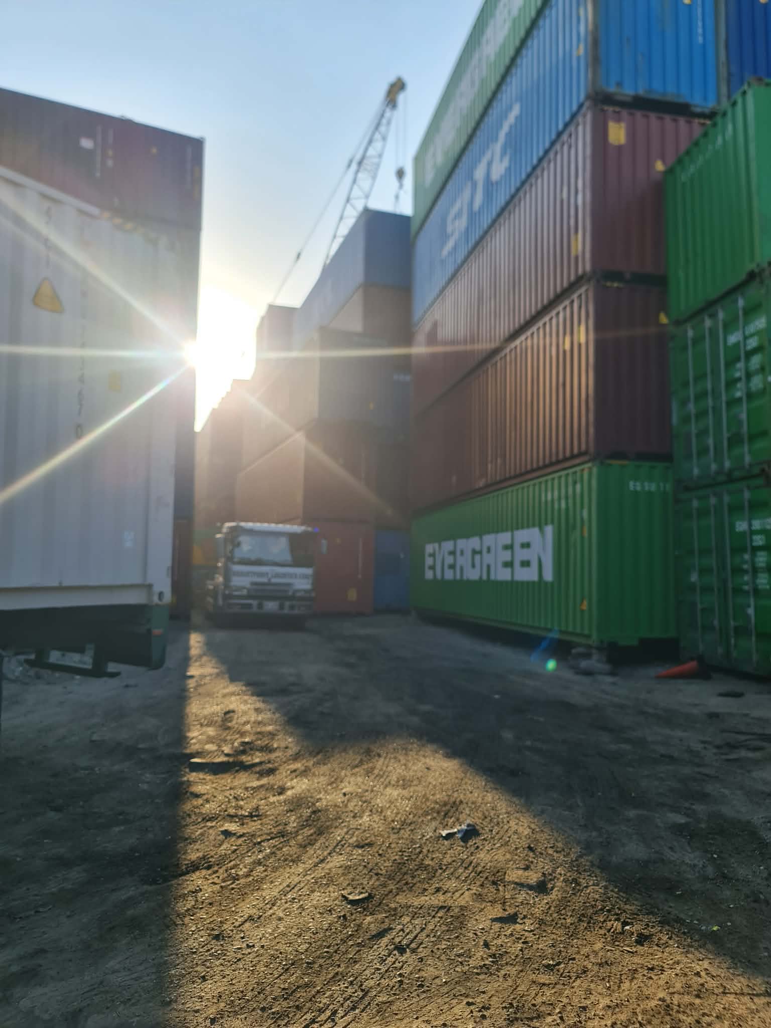 Container yard at sunset